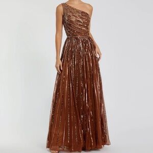 open lace back dress Mac Duggal Women's Ruffle Shoulder V-Neck Gown - Wine main image 0